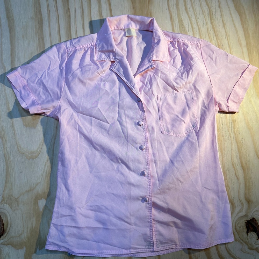 Vintage Womens Pastel Pink Short Sleeve Button Up Pajama Top Loungewear M